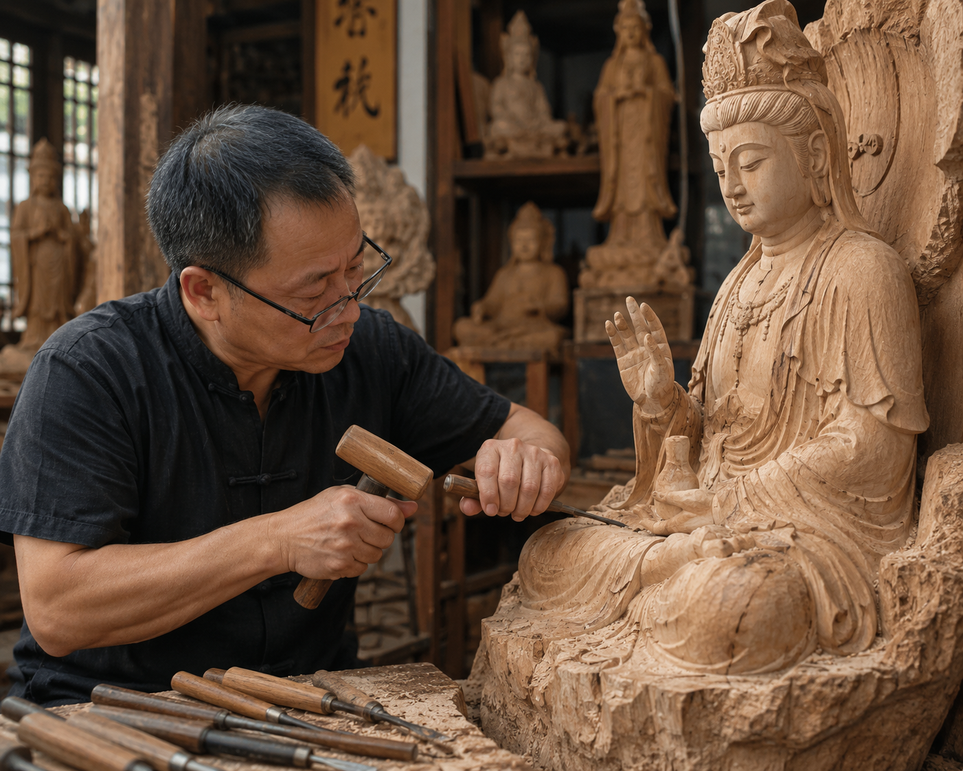 师傅雕刻定制神像